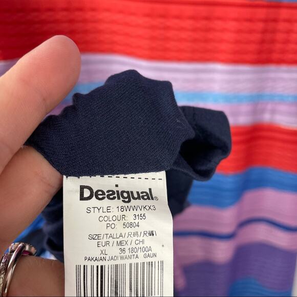 Desigual | Floral Abstract Striped Colorful Dress Blue White Orange - Picture 8 of 9